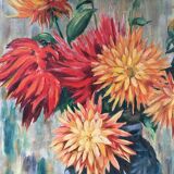 Tableau ancien bouquet de dahlias