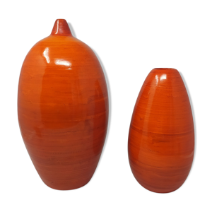 paire de vases orange des années 1970 en bois laqué