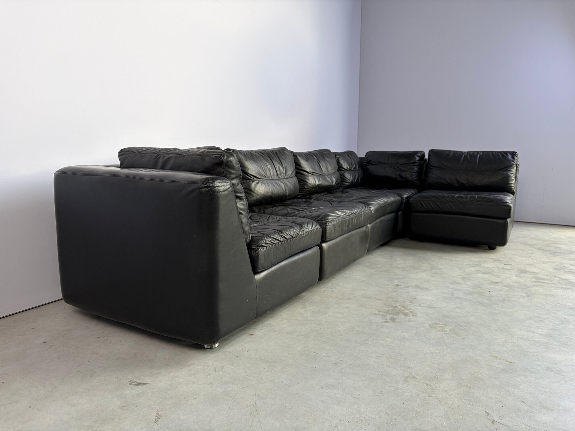 Vintage black leather modular sofa, 1970s