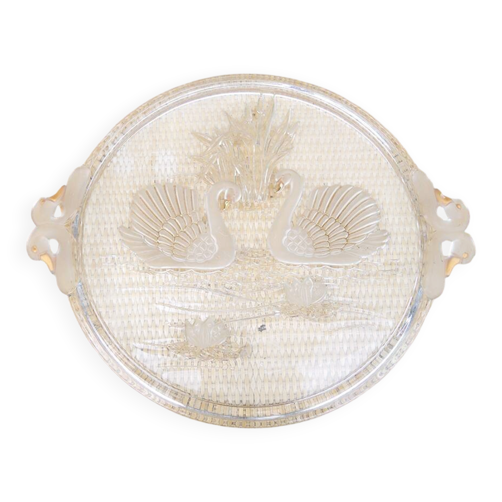 Vintage glass cake stand with swan decoration.