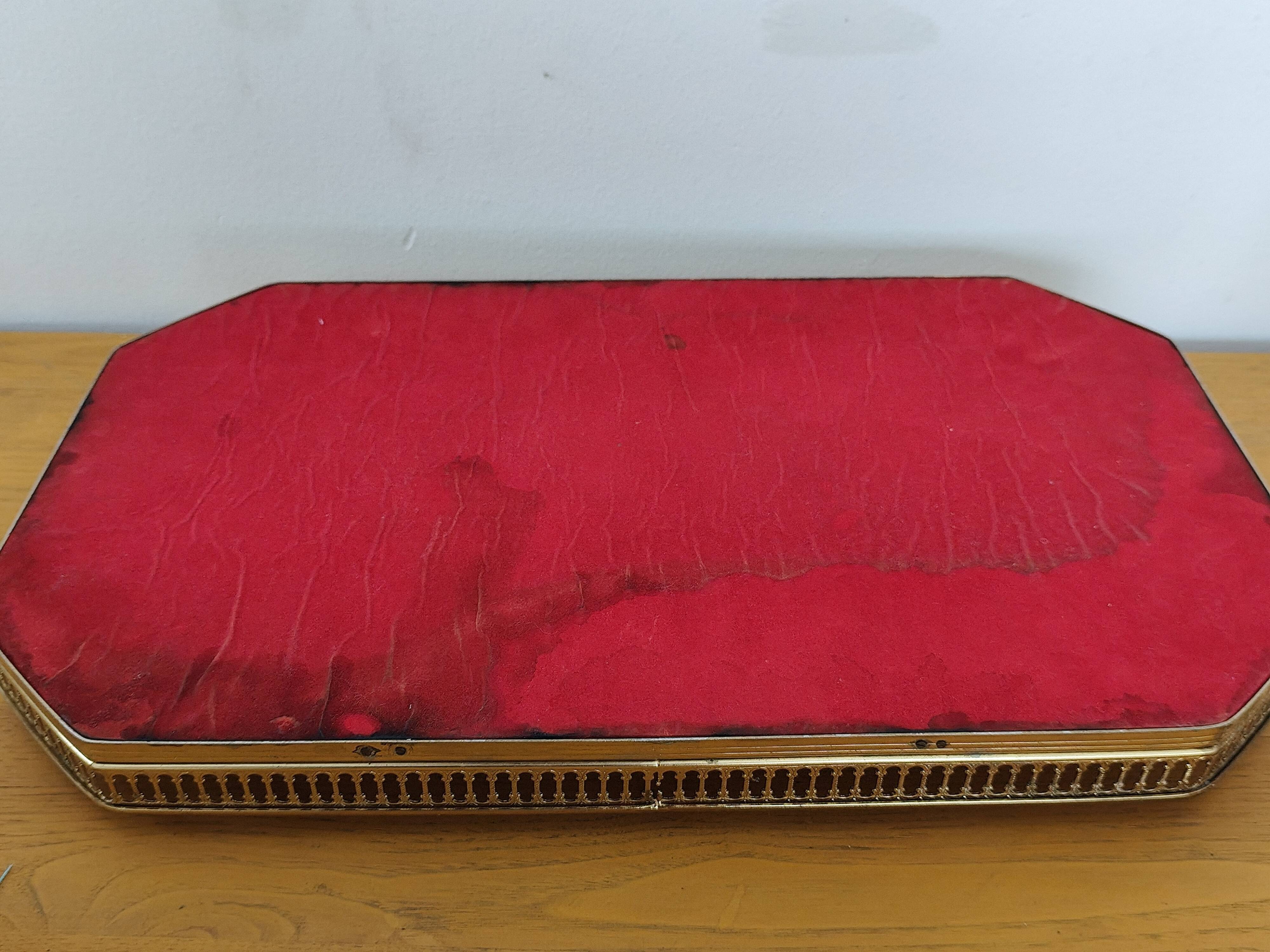 Vintage service tray with a golden gallery and mirror, decorated with ducks.