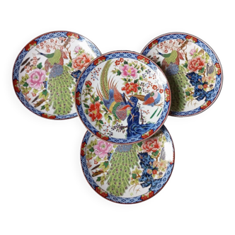 4 small wall plates with peacock and peony decor, Imari Japan style