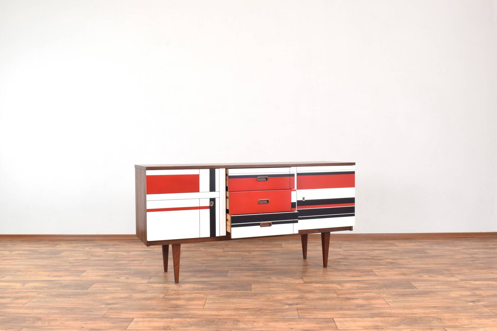 Mid-Century Walnut Sideboard with Hand-Painted Pattern, 1960s.