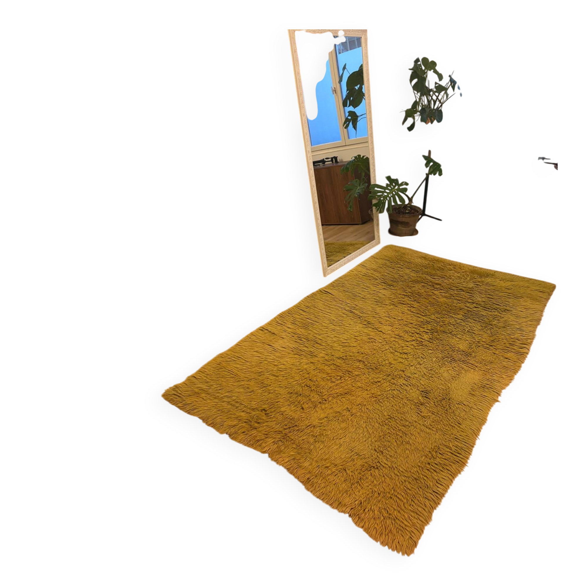 Large handmade wool rug from the 70s in lime green.