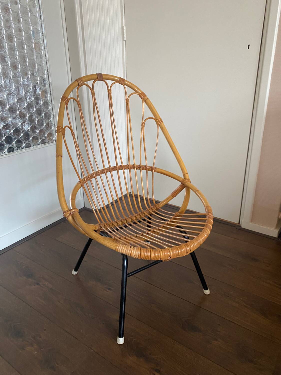 Mid-Century Rattan and Steel Easy Chair by Rohé Noordwolde, 1950s