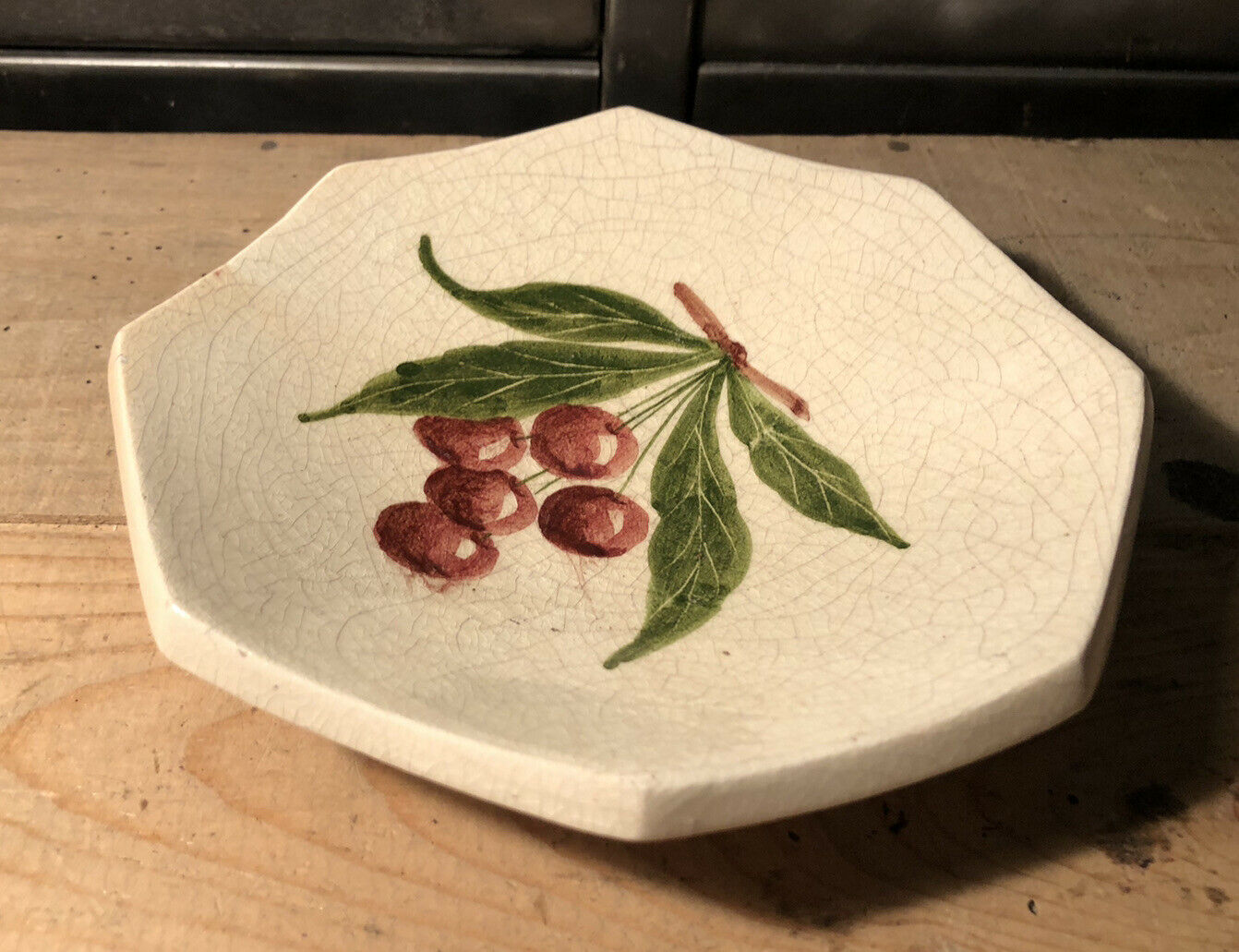 Empty cup pocket in cracked earthenware cherry decoration signed Lauray