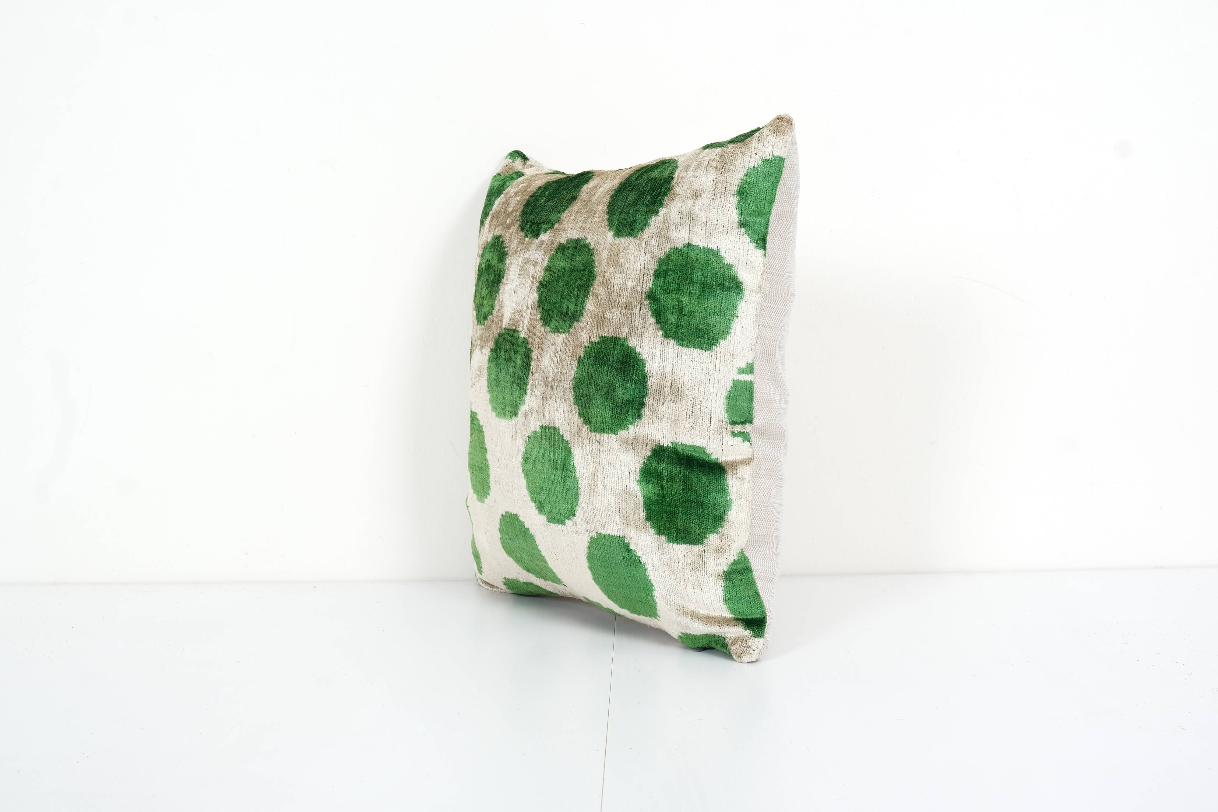 Ikat Velvet Pillow, Silk Cushion Cover, Square Green Polka Dot Pillows, Boho Chic Pillow Cover