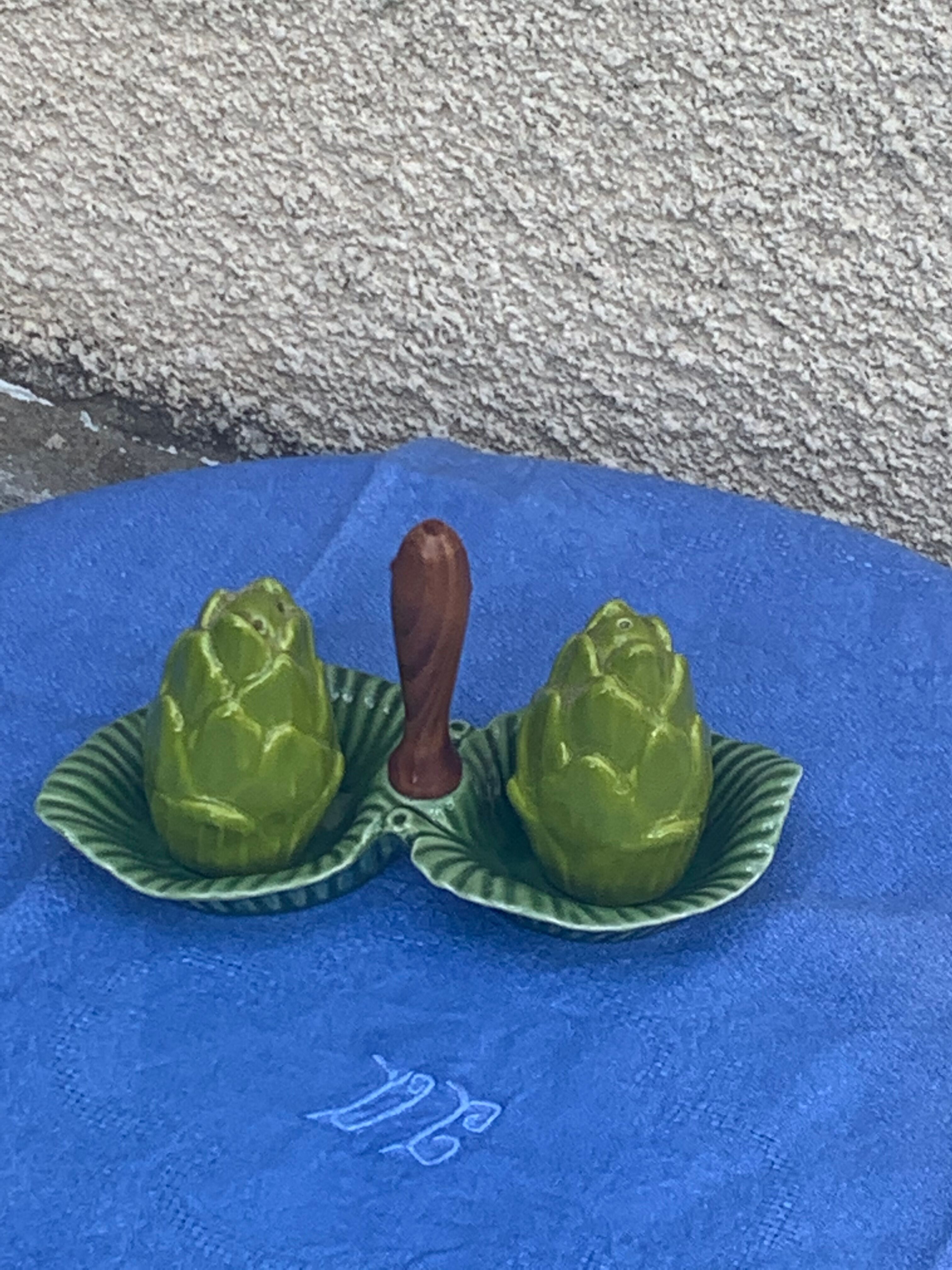 Vintage glazed ceramic barbotine artichoke shaped salt cellars