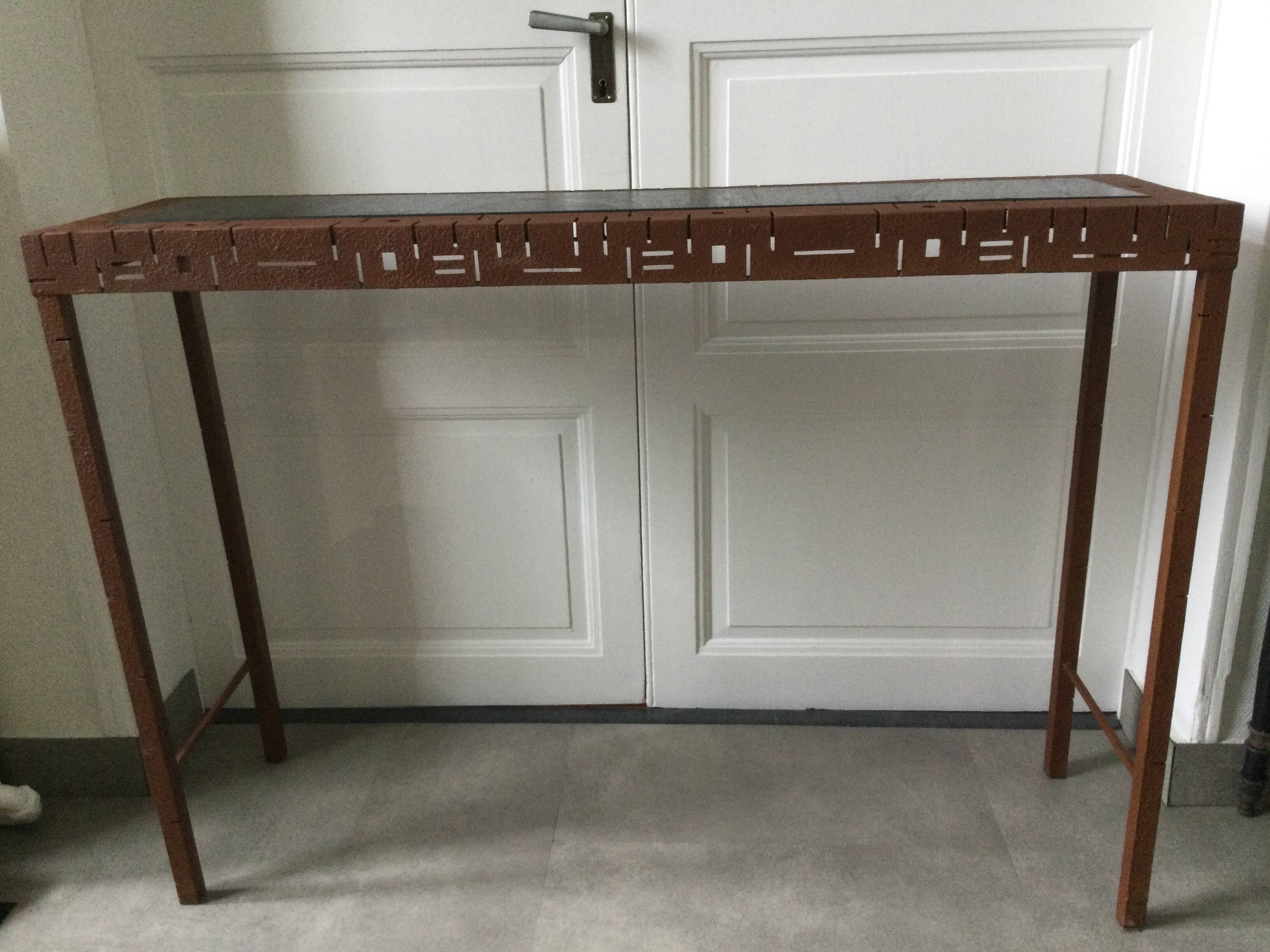 Perforated sheet metal and wood console
