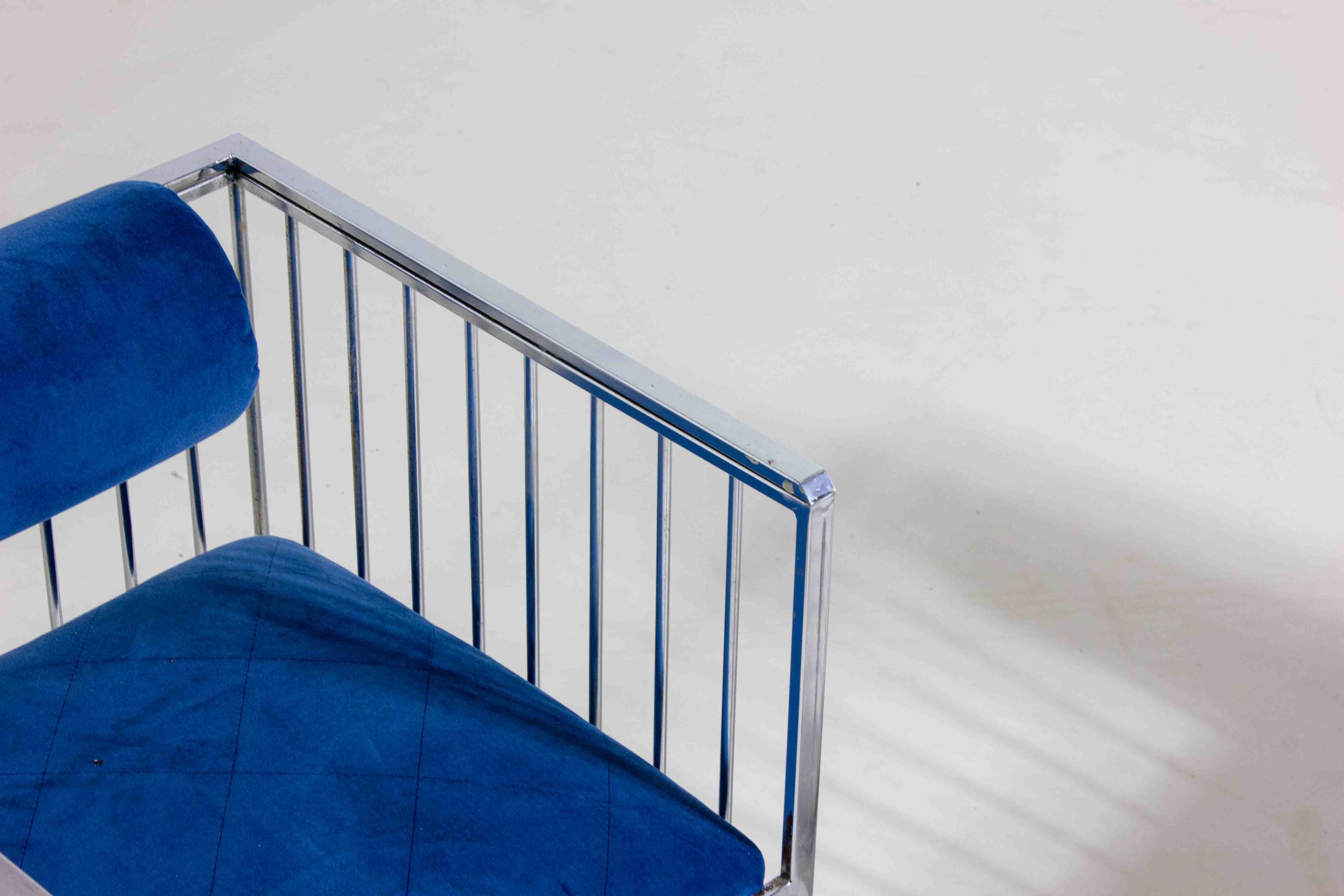 Set of four Italian modernist chrome chairs with royal blue velvet, 1970s