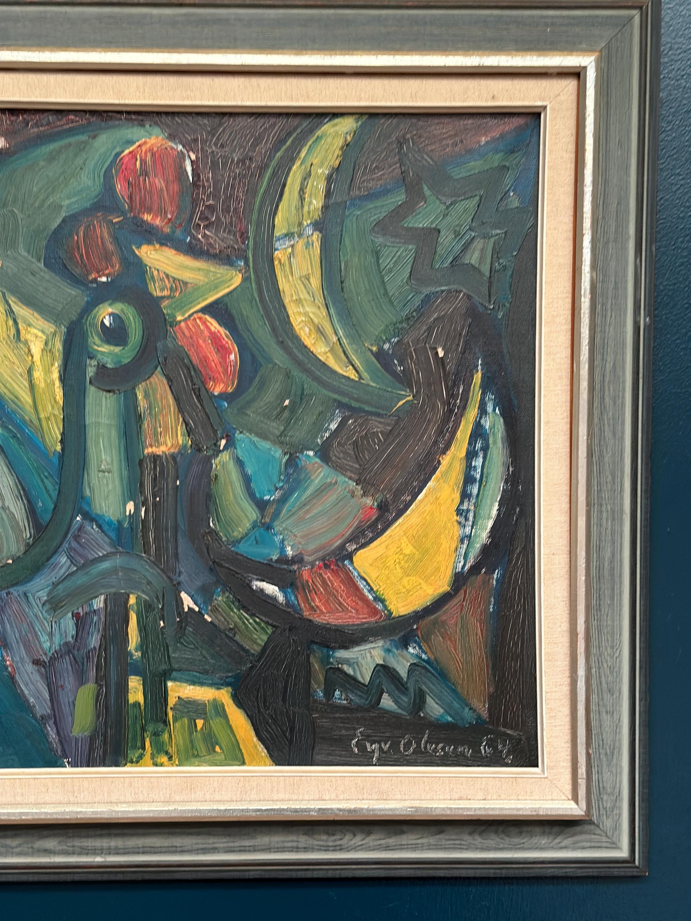 Original Danish Oil on Canvas – “Chicken Composition” by Eyvind Olesen