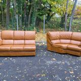 Large 6-seater corner sofa in cognac brown genuine leather