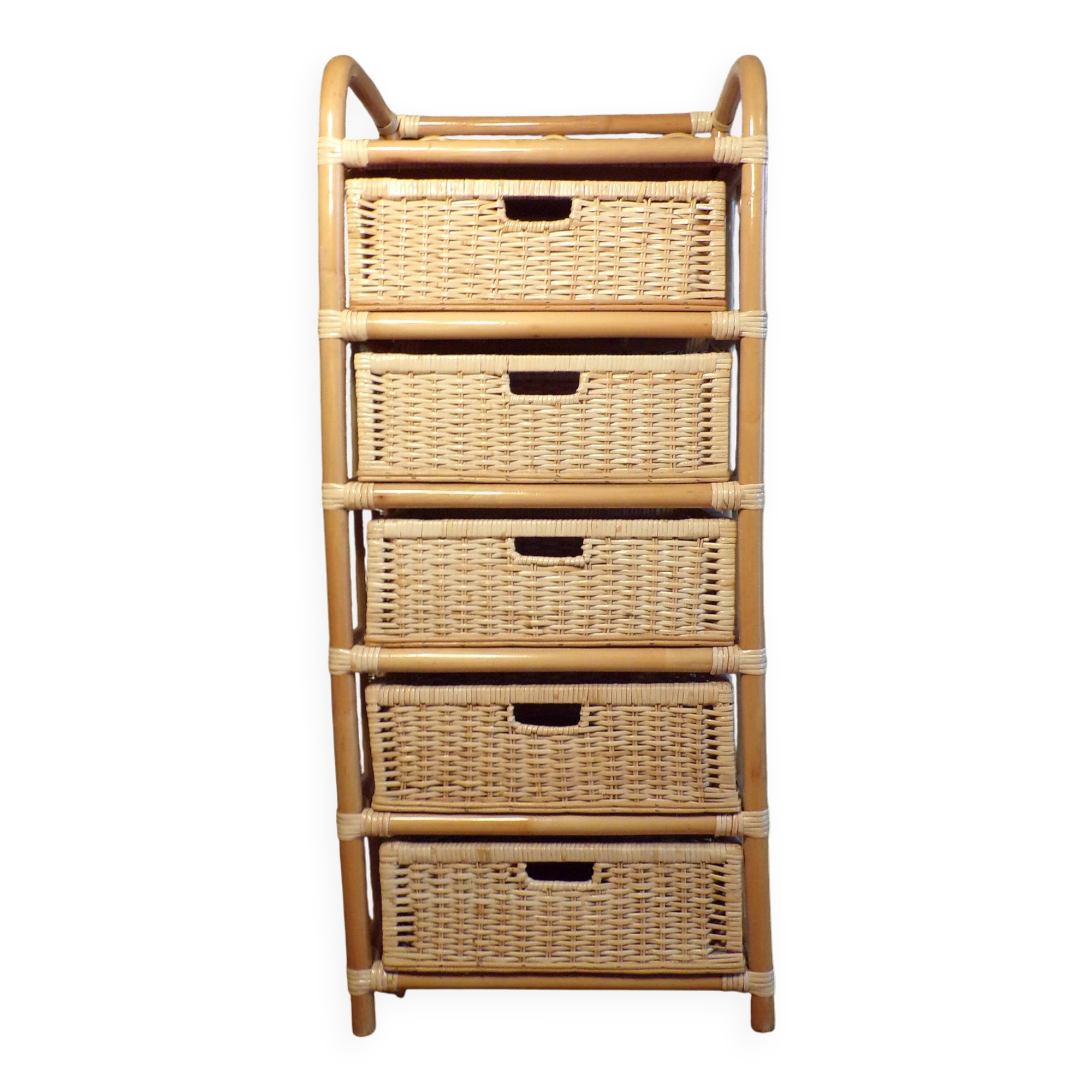 Commode vintage 5 tiroirs en rotin