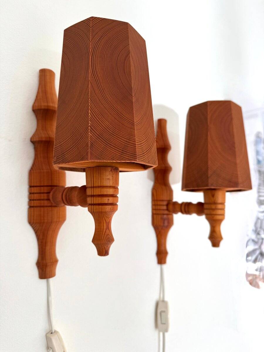 Vintage Swedish wall sconces in pine, 1970s, set of 2