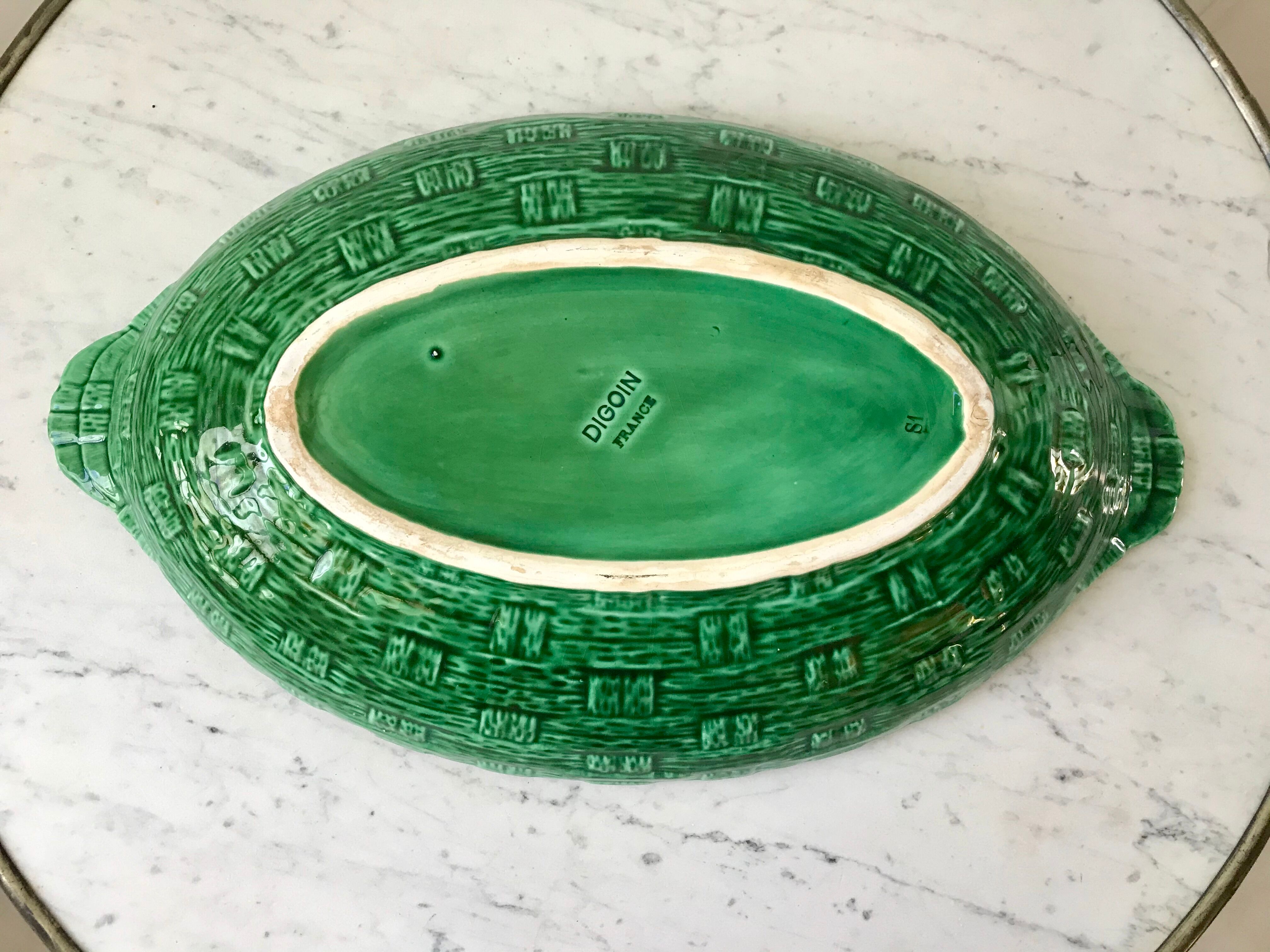 large bowl / dish in green Digoin slip, bamboo style, 50s-60s