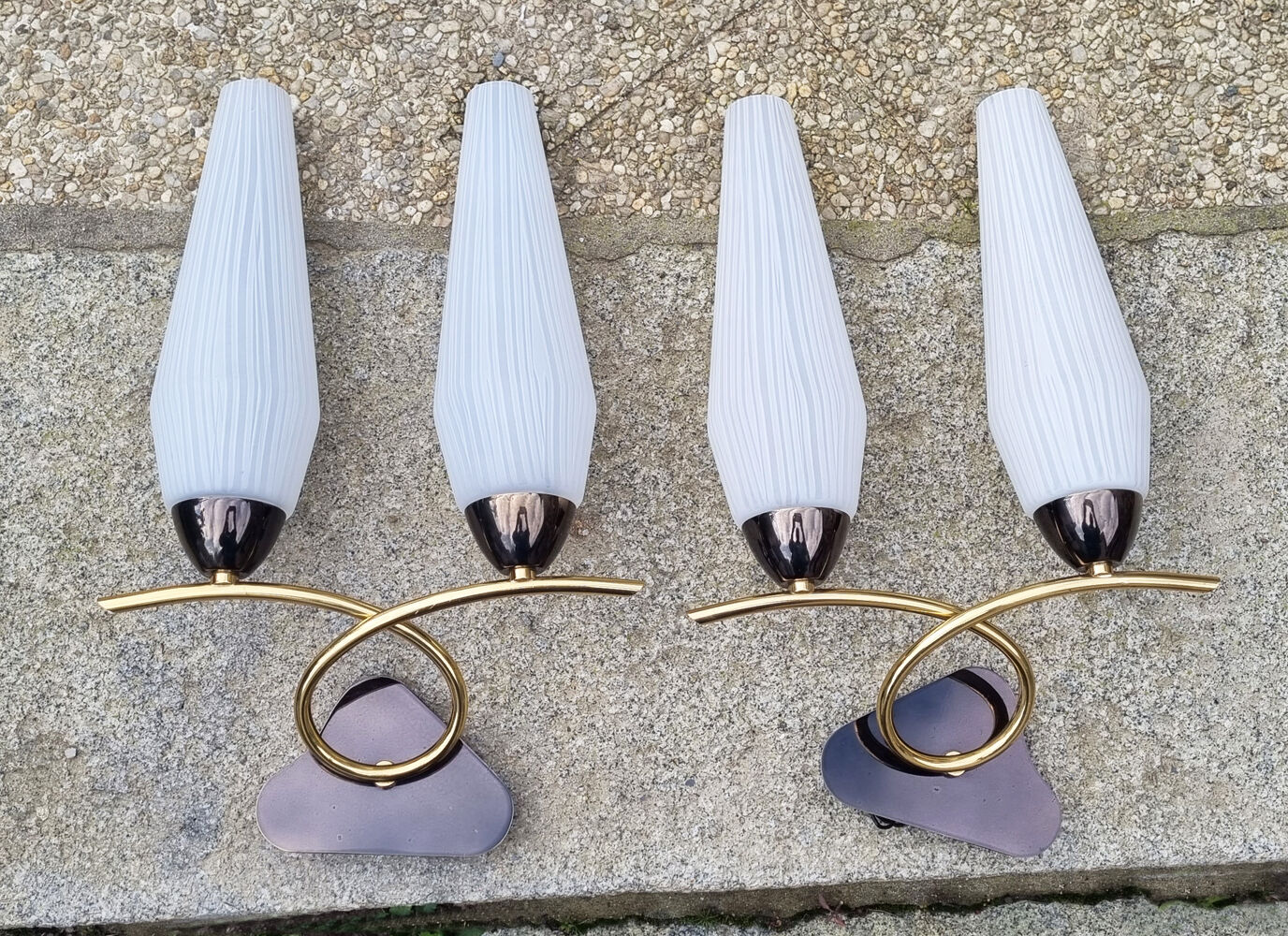 Pair of wall lamps, brass and opaline, vintage, Maison Lunel, 50s