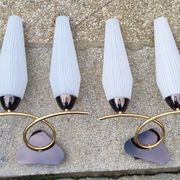 Pair of wall lamps, brass and opaline, vintage, Maison Lunel, 50s
