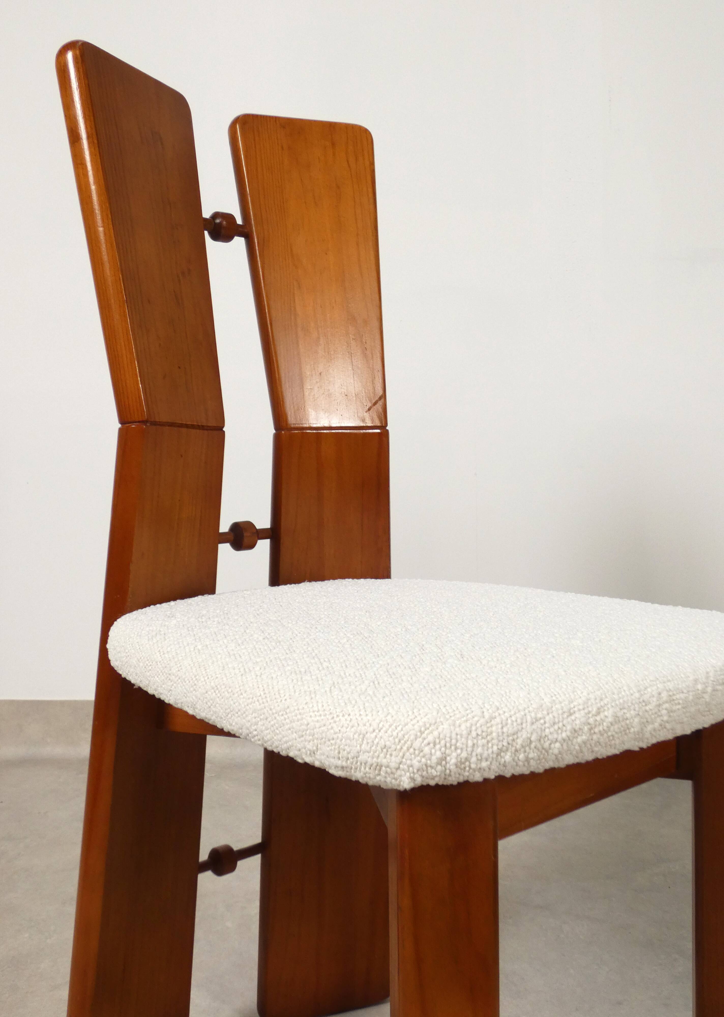 70's brutalist dining chairs in oak with bouclé fabric