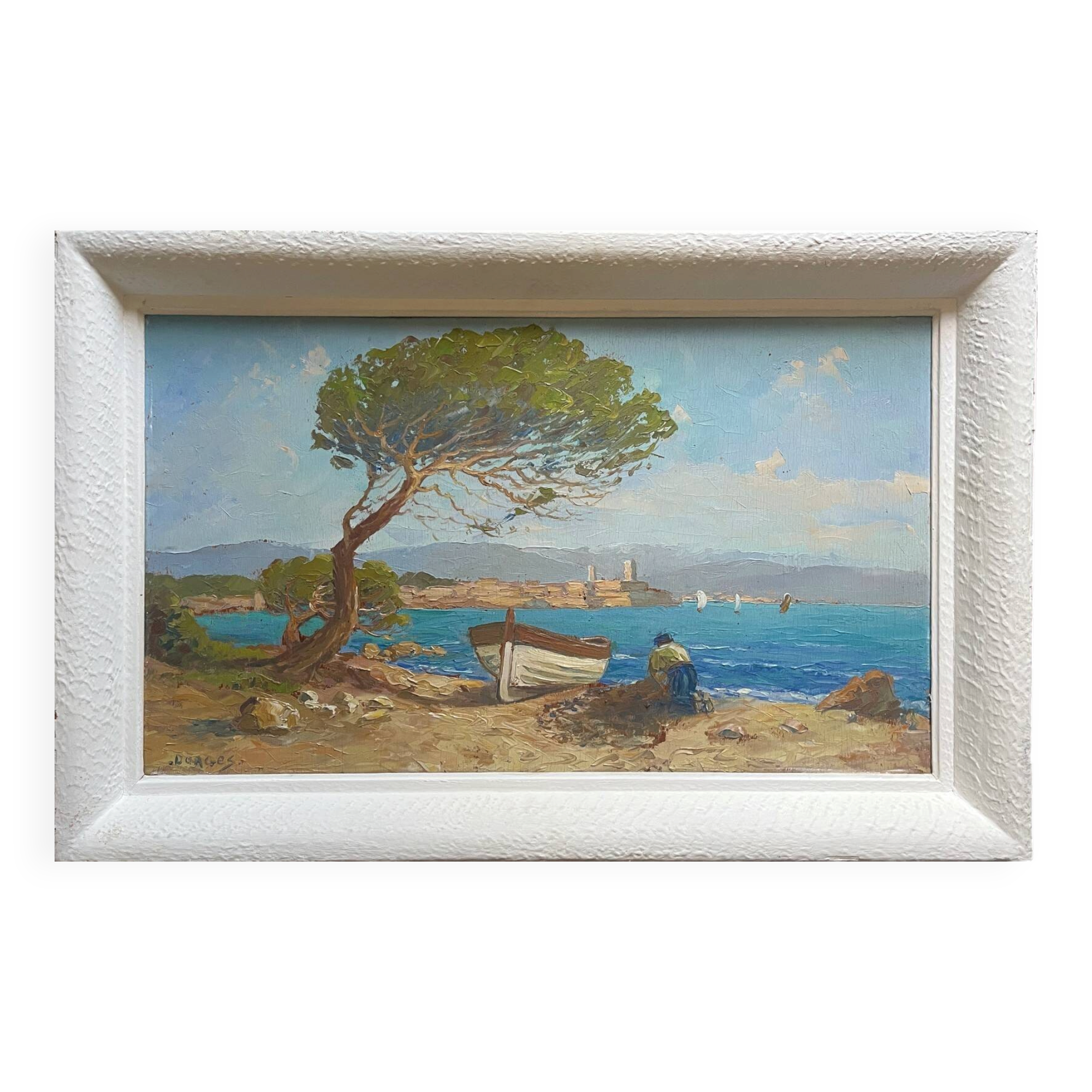 Tableau HSP "Mediterranean Sea" boat and fisherman signed Dorges