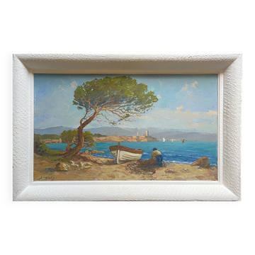 Tableau HSP "Mediterranean Sea" boat and fisherman signed Dorges