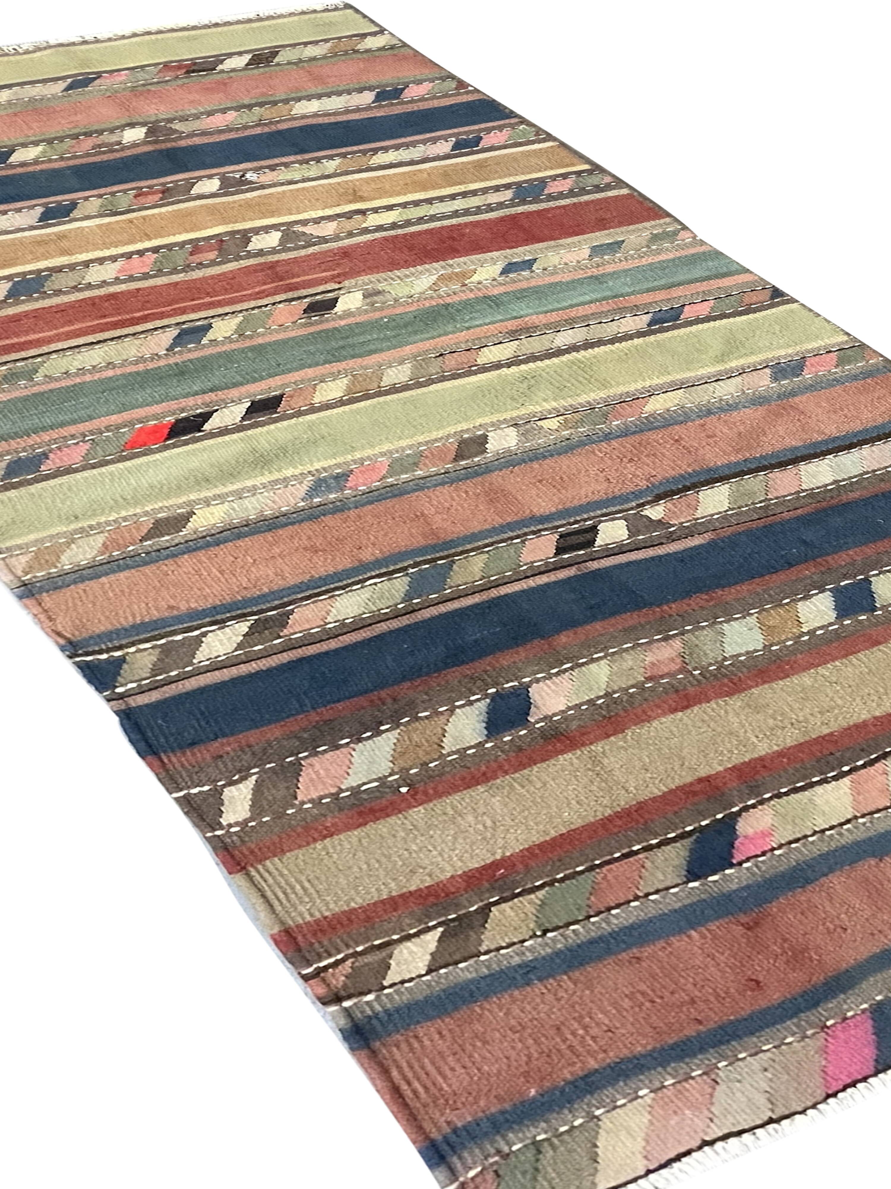 Striped Kilim Runner Rug, Handmade Wool Flatweave Rug 250 x 120 cm