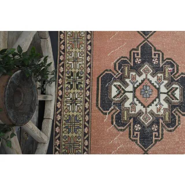 Vintage Turkish Oushak handmade wool cotton brown runner rug 143x347