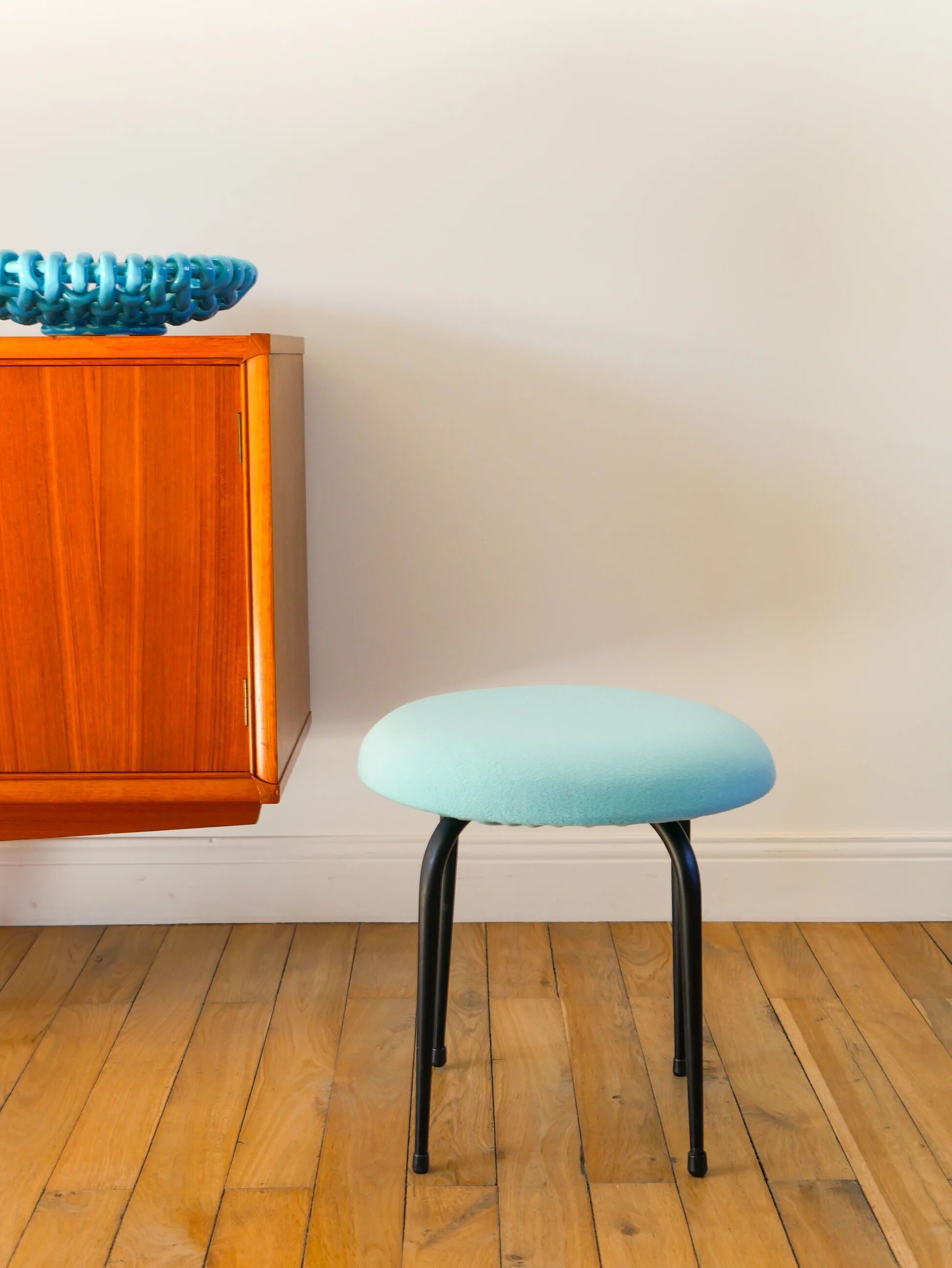 Black iron stool and boiled wool, turquoise blue, 1960