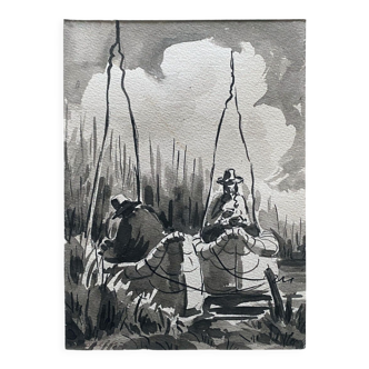 Table Ink wash " Fishermen at Lake Titicaca" Peter BALAZS (1919-2003) ?