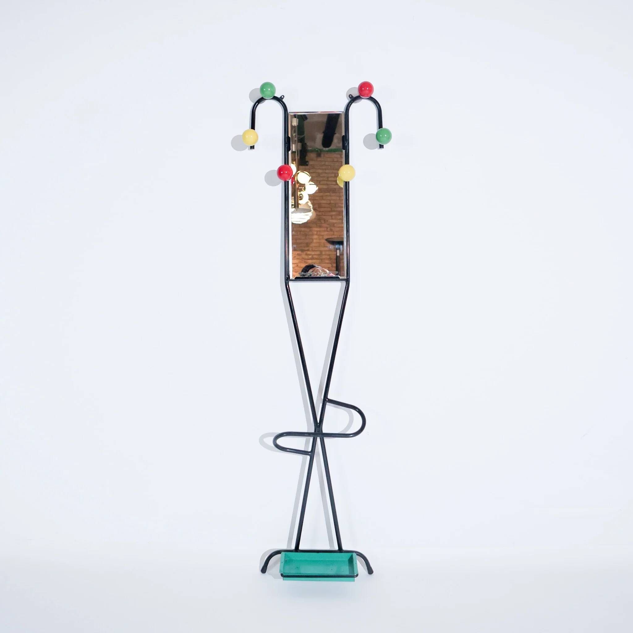Vintage standing coat rack by Roger Feraud with mirror, France, 1950s.