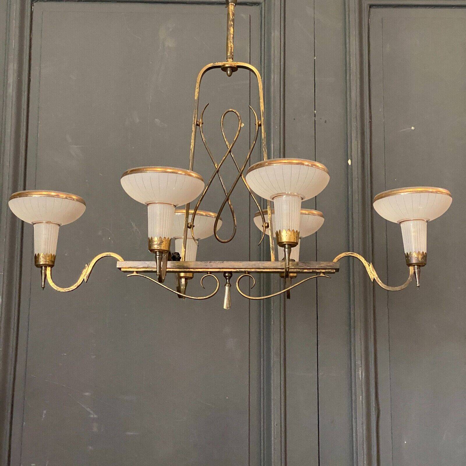 Chandelier in gilded metal 1950 6 lights cut in frosted glass
