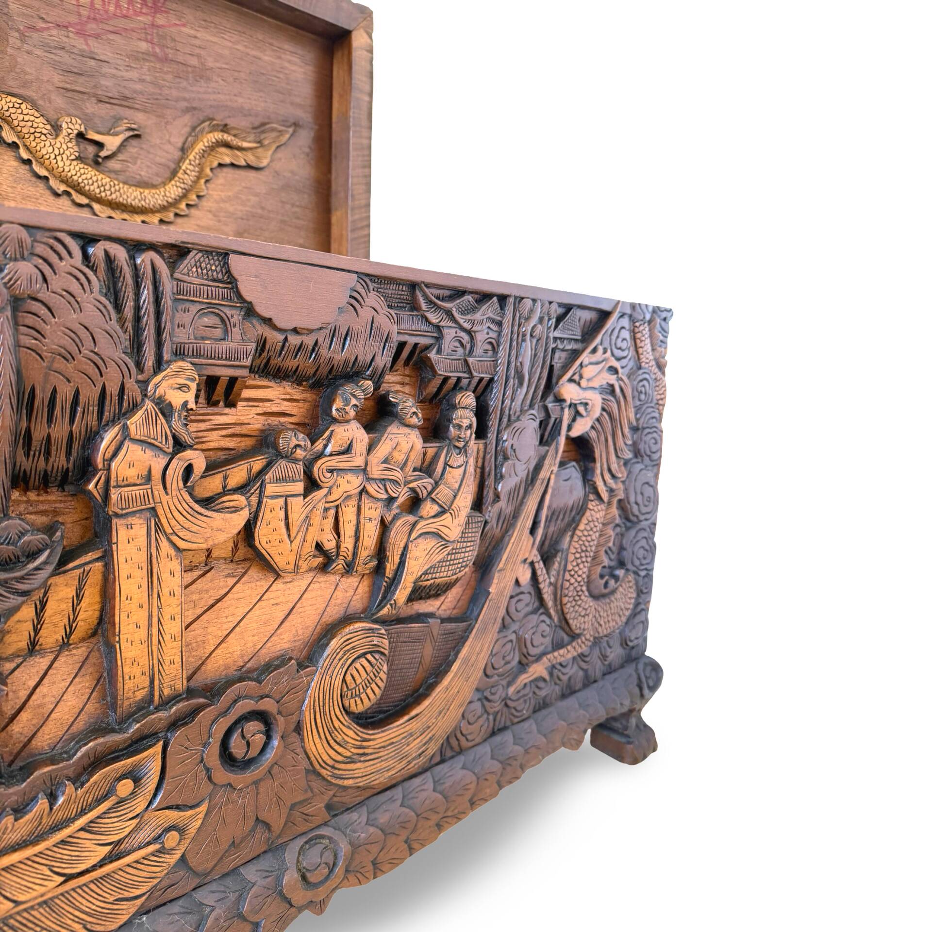 Antique Chinese Carved Export Chest – Dragon, Phoenix & Landscape Deco