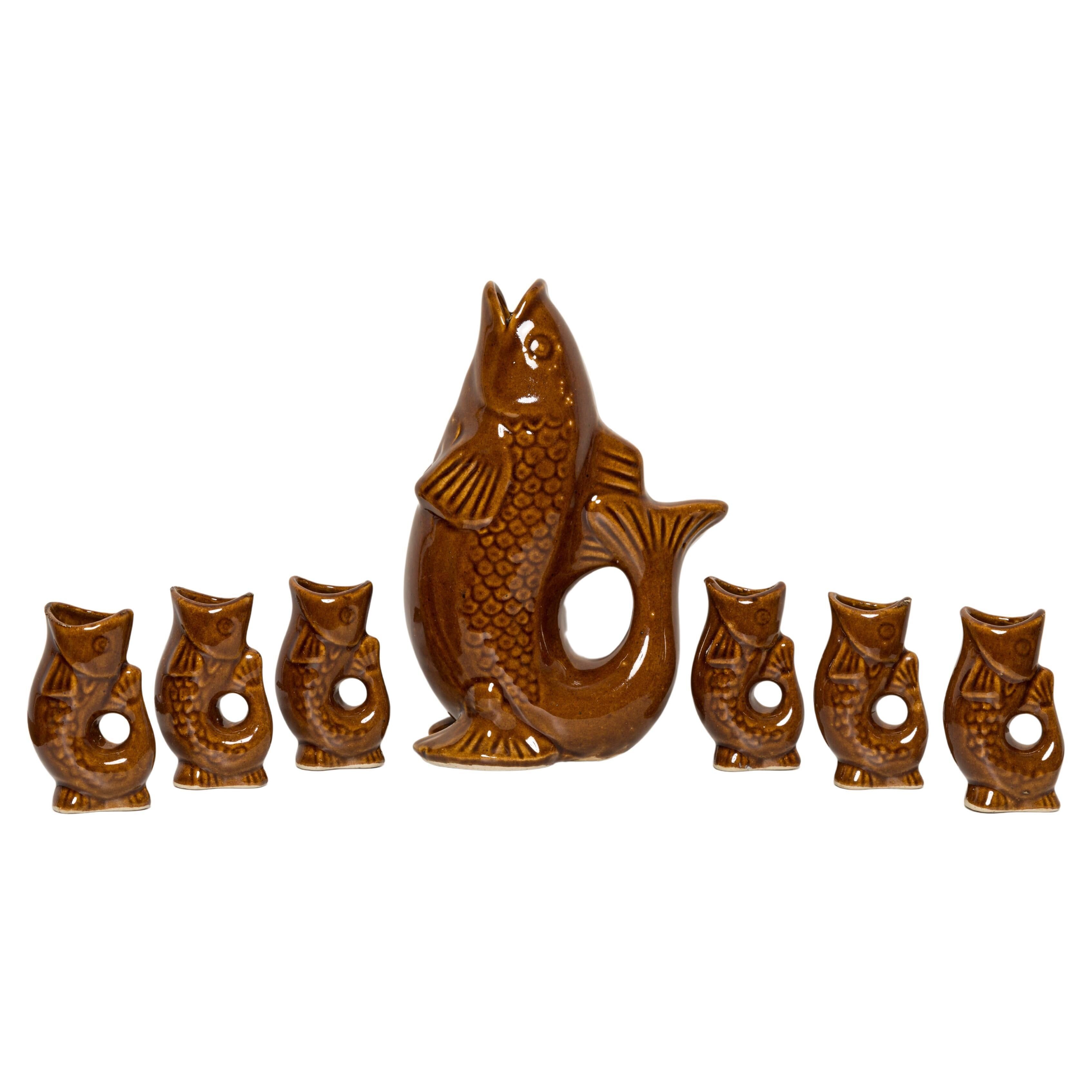 Brown glass and porcelain fish service, mid-20th century, Europe, 1960s