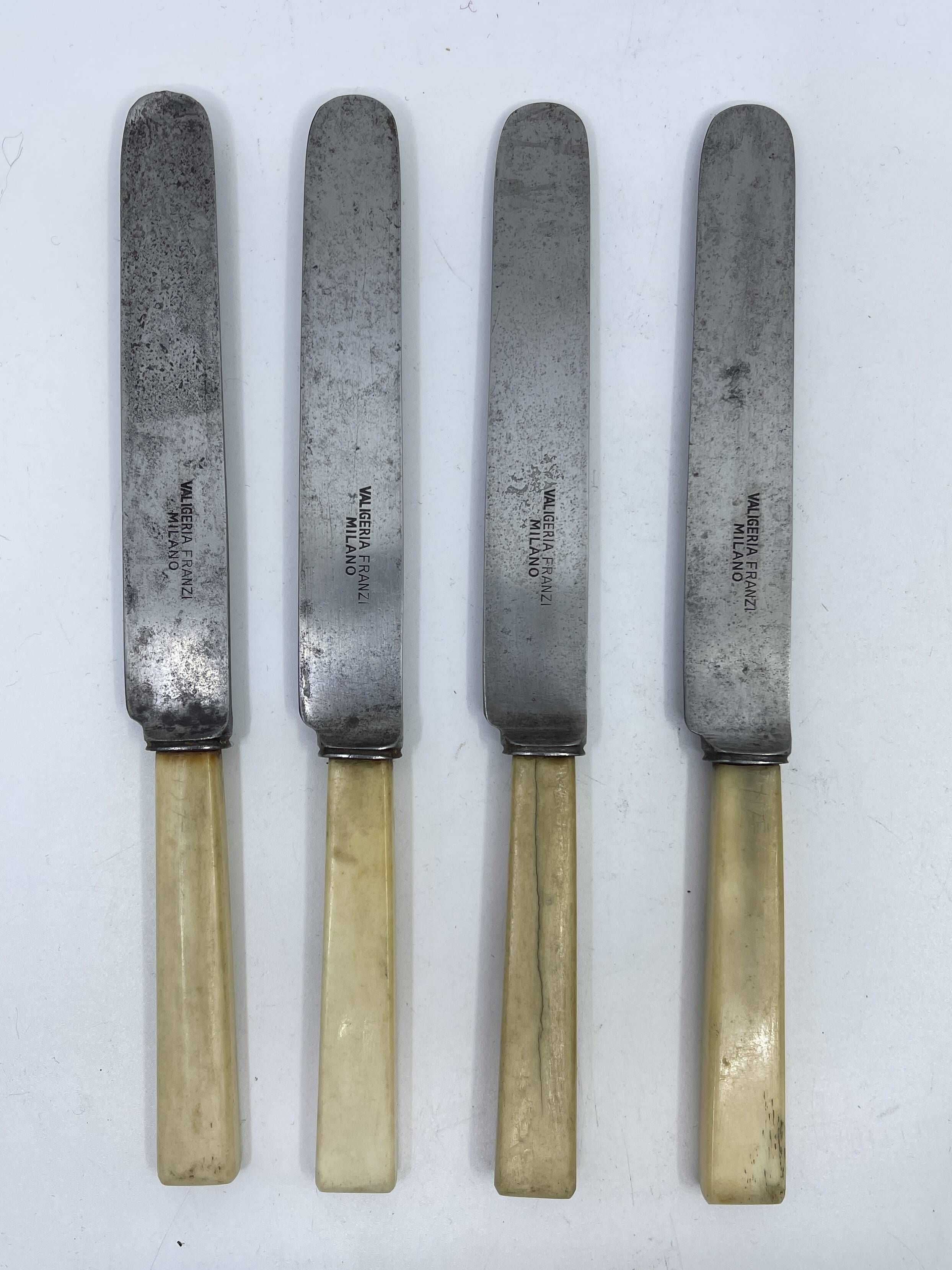 Set of 4 dessert knives with rounded blades and smooth ivory resin handles.