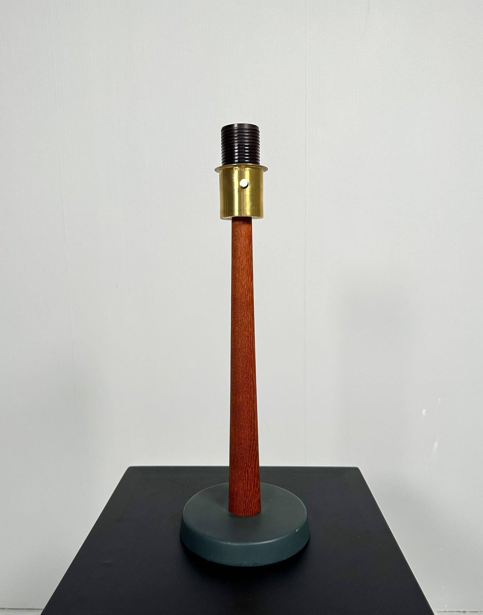 Mid-century teak and cotton table lamp by Einar Bäckström, Sweden, 1950s.