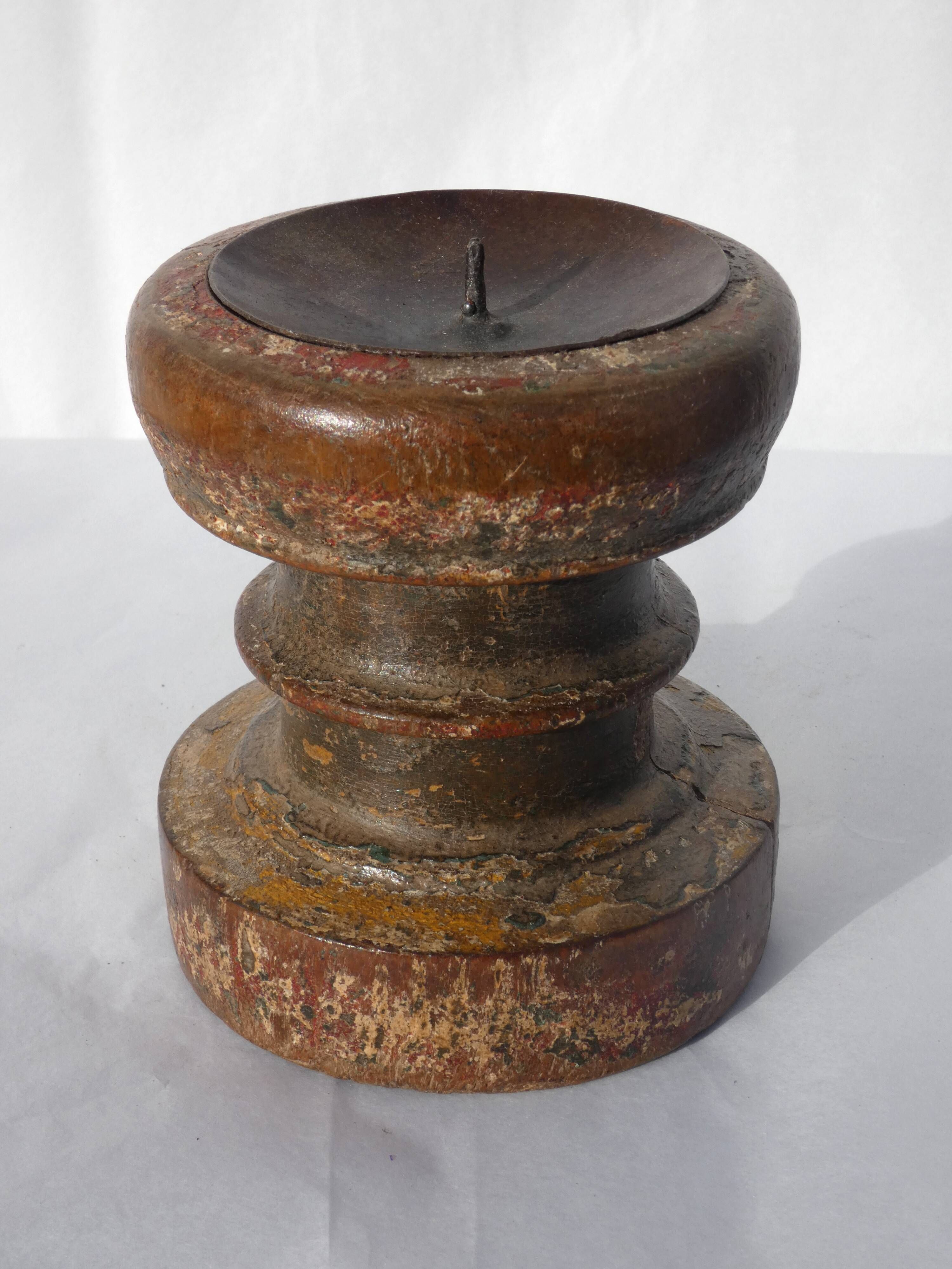 Candle holder round wood old teak patina of origin India