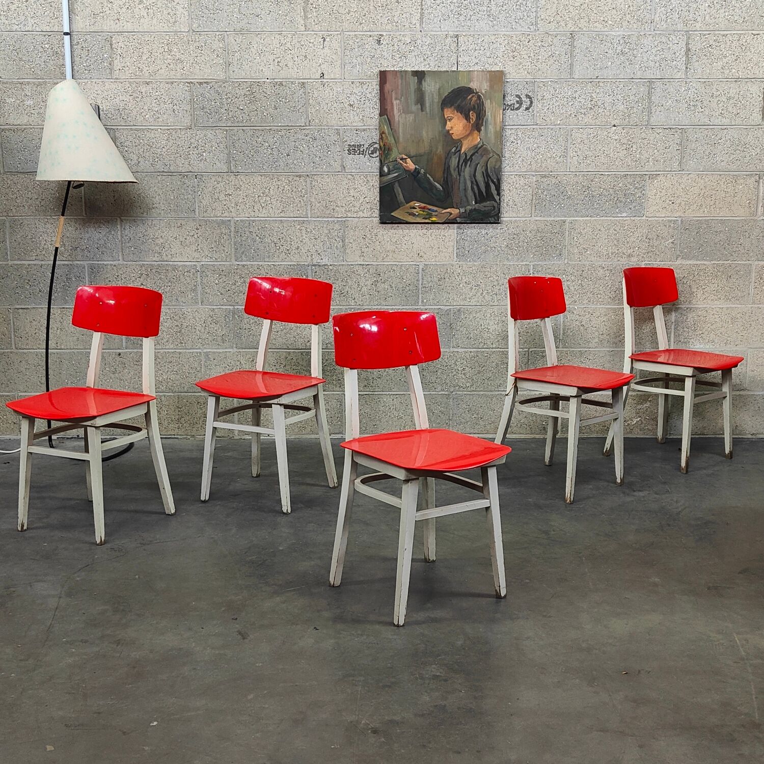 Set of 5 chairs TON Bystrice (Thonet) red and white 1960