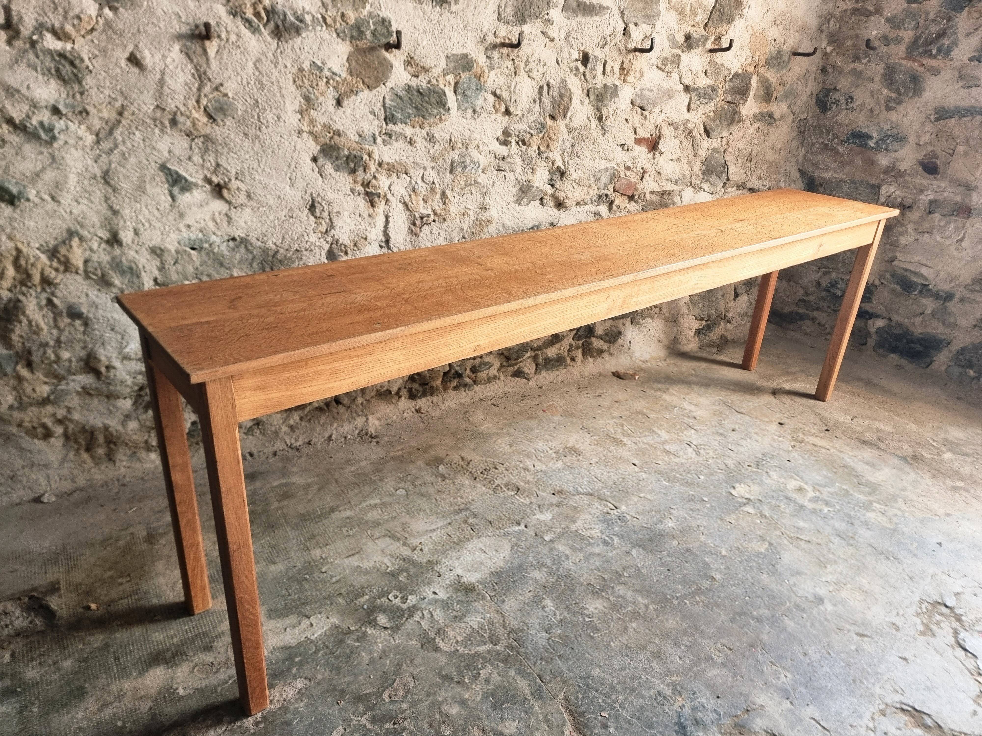 Old French oak console – Long and narrow farmhouse table 241 cm – Vichy hospital workshop from the 1950s