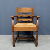 Set of two Dutch oak armchairs with rush seats