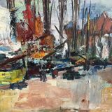 Sailboats in the harbour, oil on wood panel