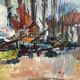 Sailboats in the harbour, oil on wood panel
