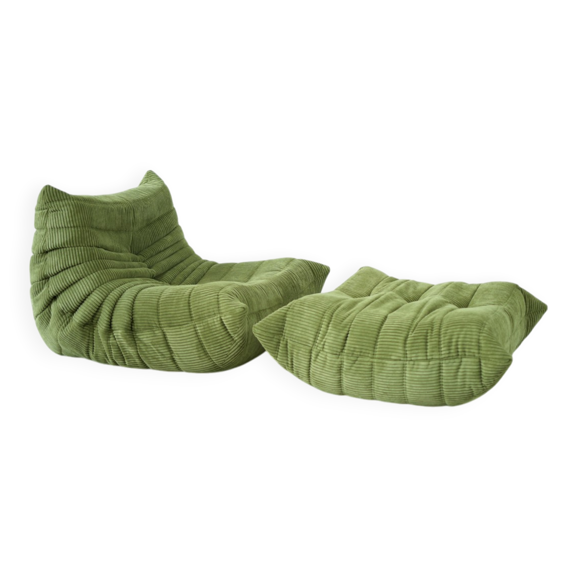 Togo Armchair and Pouf in Fresh green Corduroy