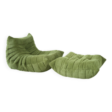 Togo Armchair and Pouf in Fresh green Corduroy