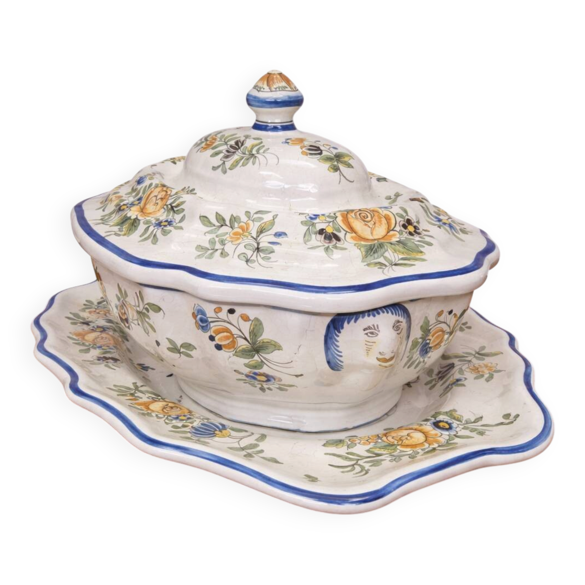 Enormous antique soup tureen in earthenware – floral decoration – with matching tray