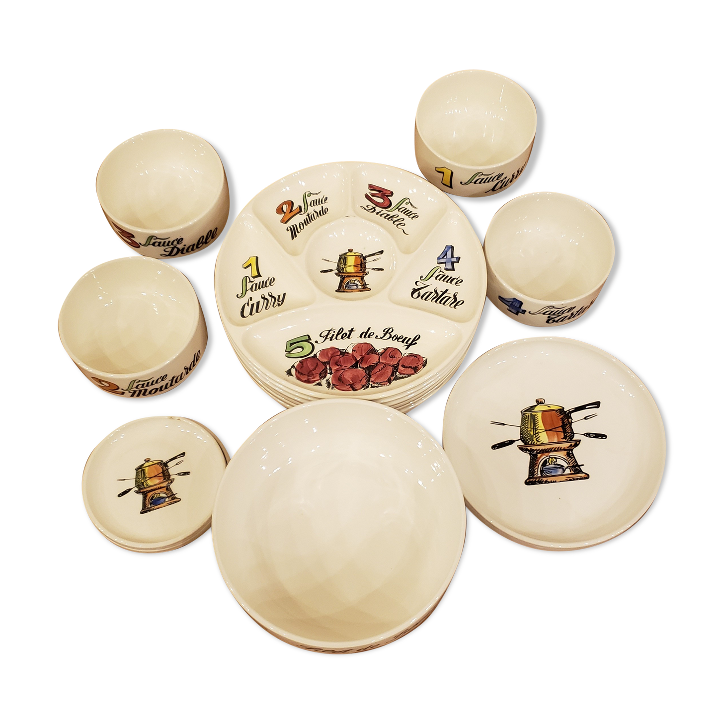 Gien earthenware fondue set 8 plates and 5 bowls