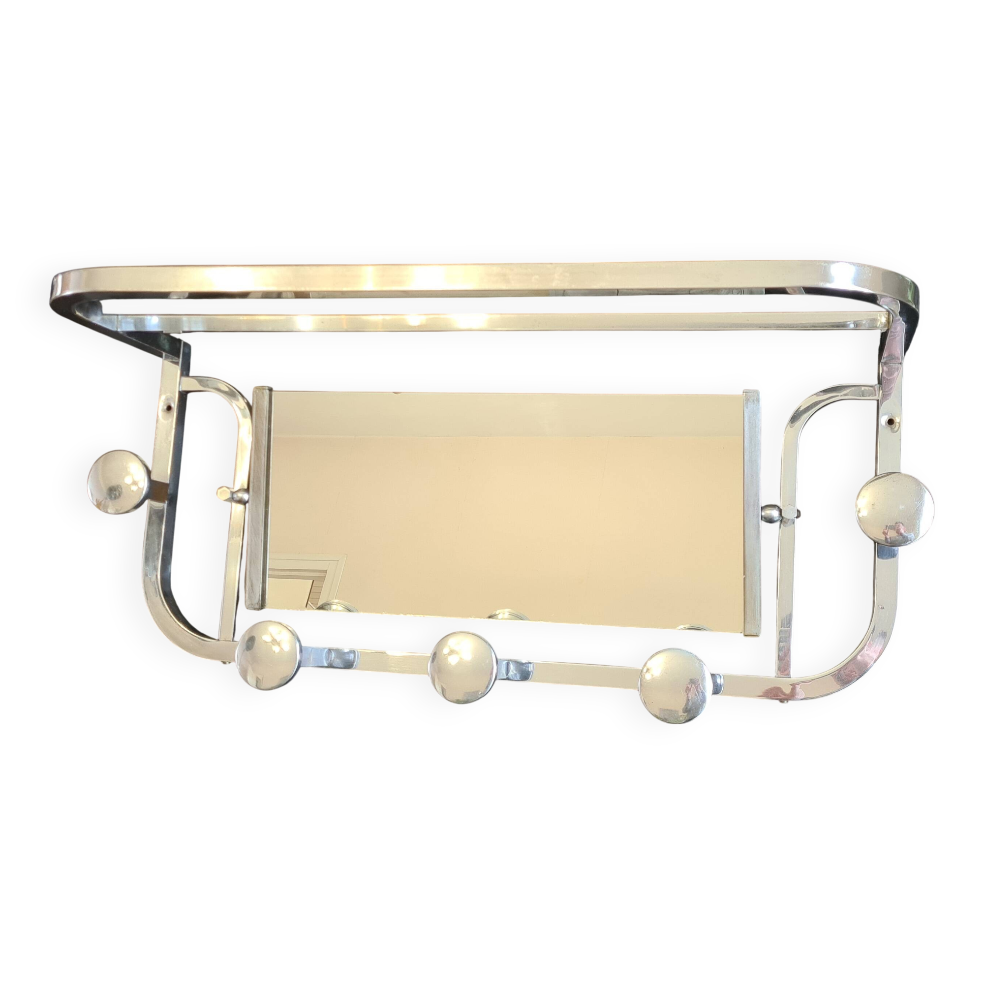 Nickel-plated Art Deco wall-mounted coat rack with swivel mirror