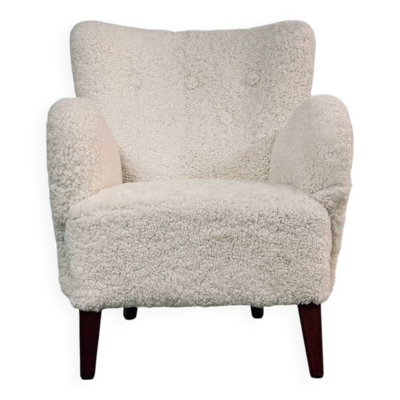 Fauteuil de salon danois avec nouveau revêtement en fourrure bouclée