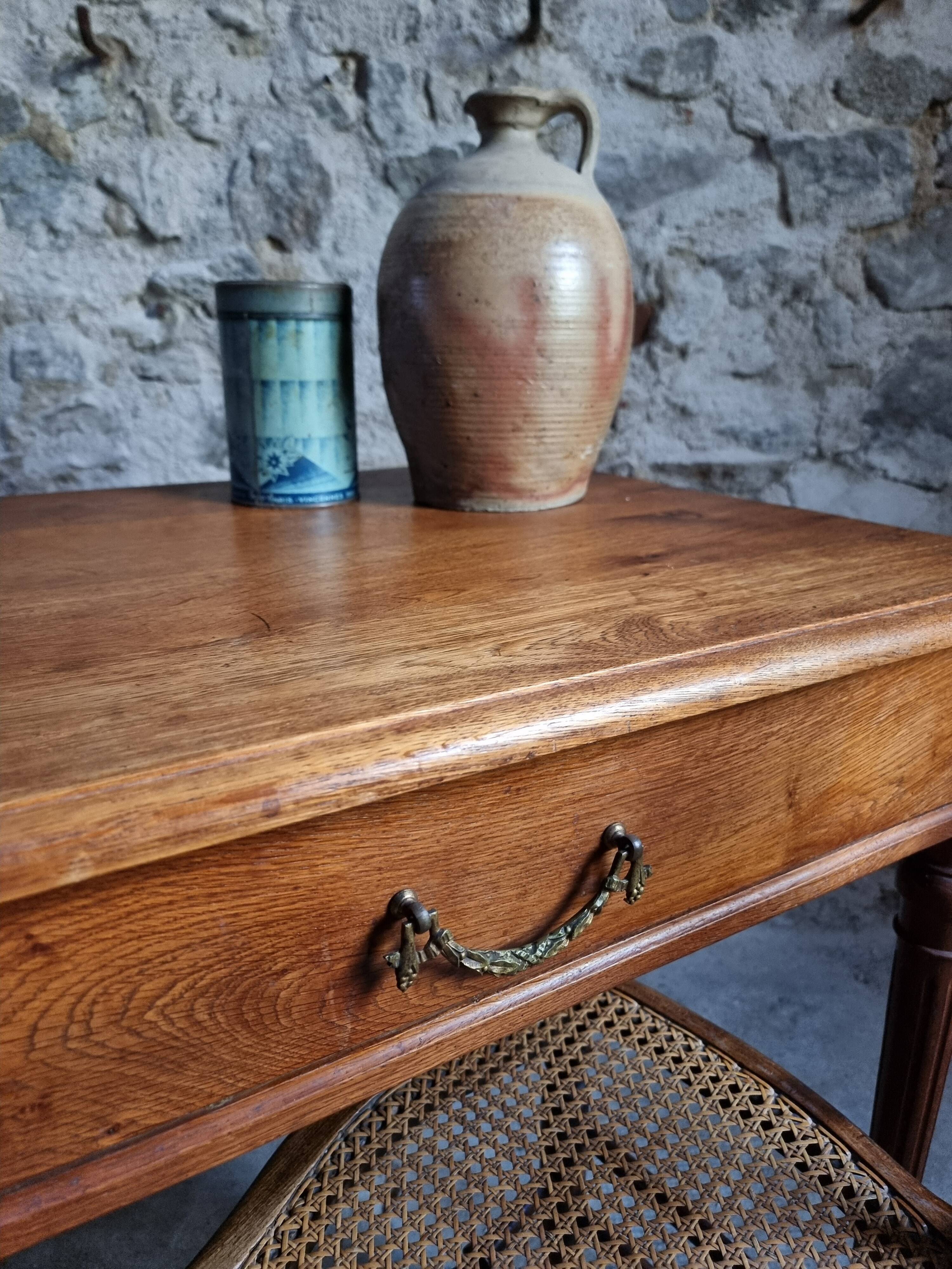 Antique oak writing table with drawer, French side table, console, solid oak desk, circa 1930–1950.
