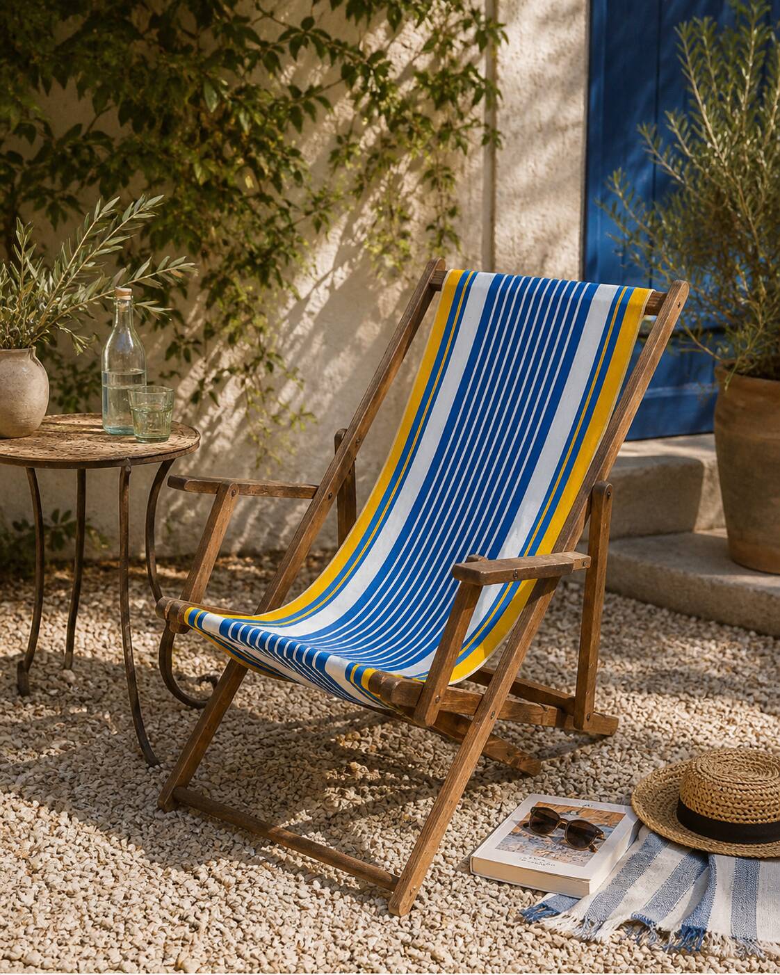 Vintage deck chair with blue and yellow striped fabric, original patina.