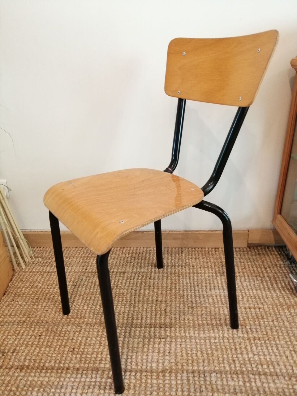 Series of 4 wooden and metal school chairs