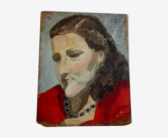 Peinture huile sur bois, portrait femme